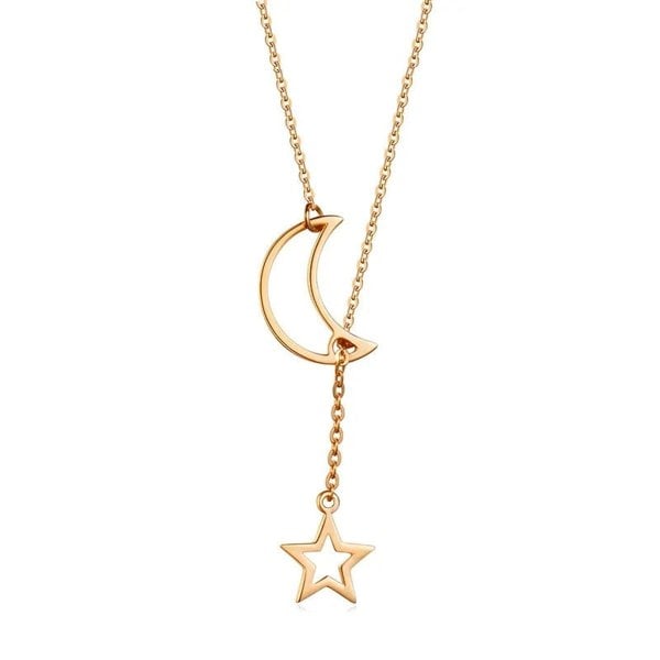 The Colourful Aura Long Slim Moon Star Drop Y Shape Moon Interlock Lariat Necklace