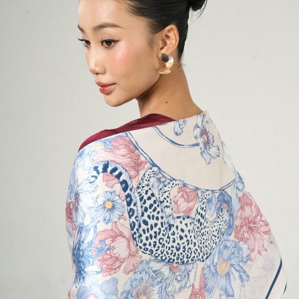 Leopard & Floral Twill Silk Scarf – Printed Mulberry Silk, Gift for Her