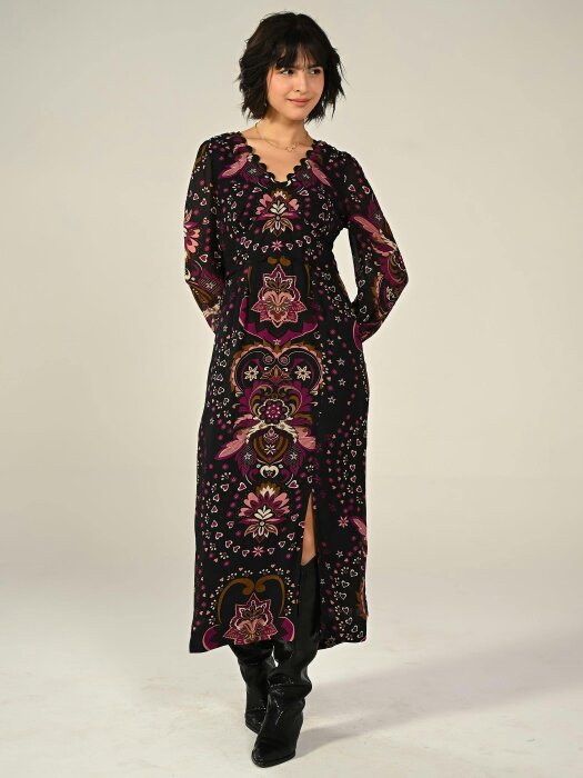 Rose & Nancy Annaline Black Pirnt Midi Dress