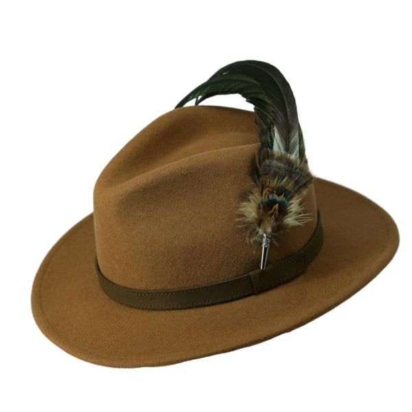 Gamble & Gunn Settler Fedora - Camel Brown With Feather Brooch 1