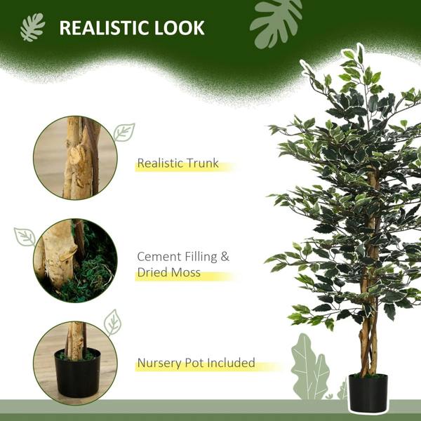 Artificial ficus plant with green leaves and black nursery pot, realistic look