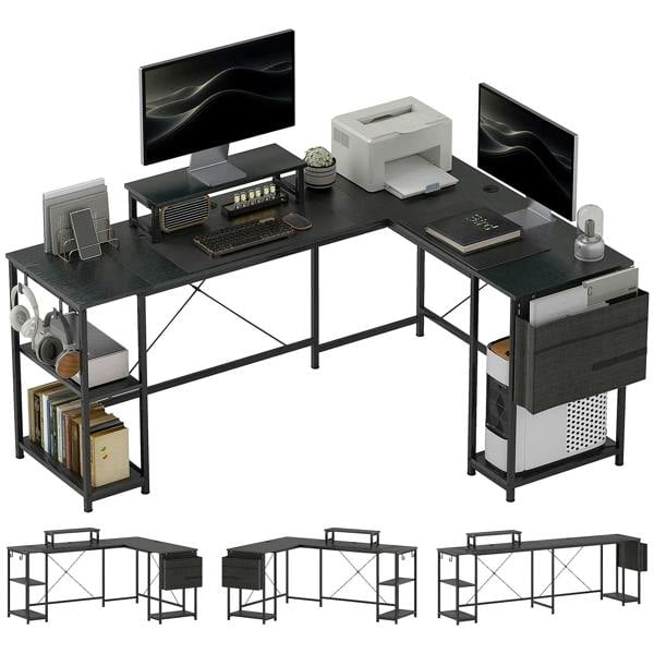 Industrial L-shaped corner computer desk with black tabletop, monitor stands, shelves, and storage drawers