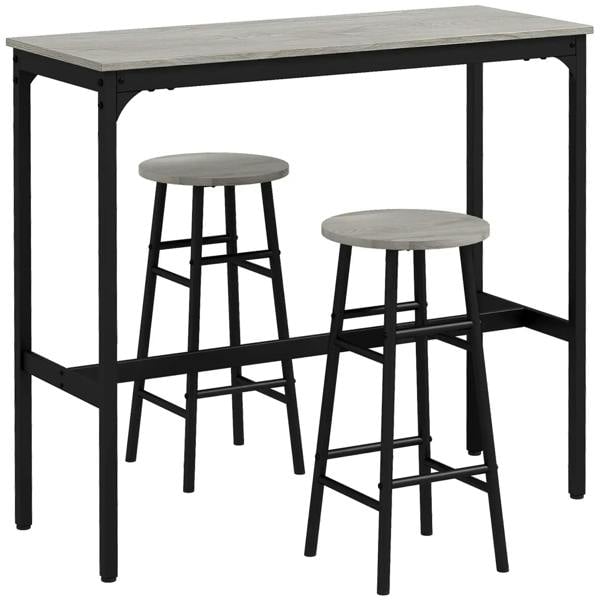 Industrial bar table set with grey tabletop and two round grey stools, black legs