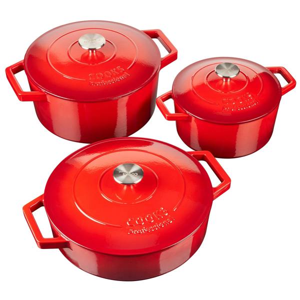 Cooks Professional Set of 3 Cast Iron Casserole | 20cm, 26cm and 28cm | Red