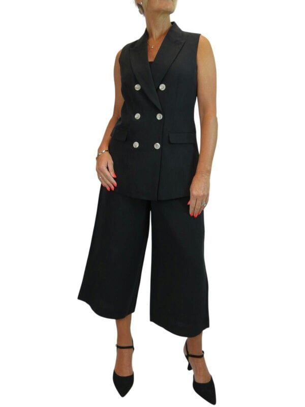 Paulo Due Women's 2 Piece Suit Linen Look Set - Sleeveless Tailored Waistcoat & Cropped Wide Leg Trousers