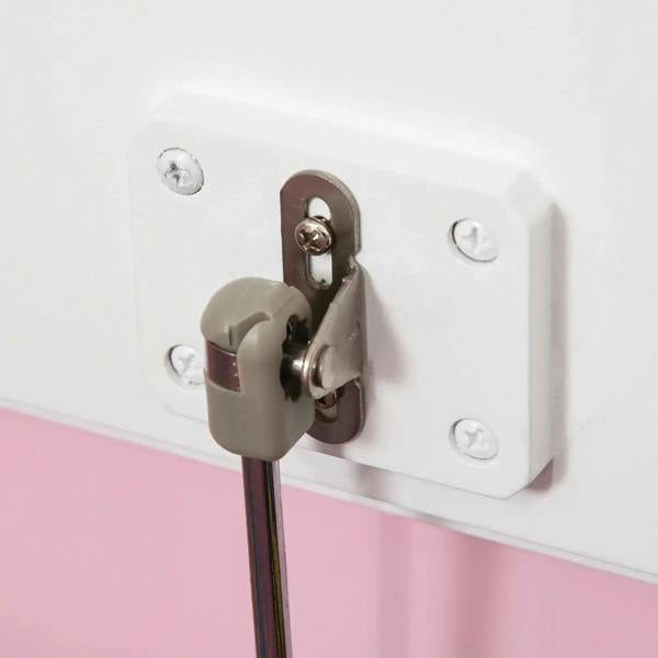 Pink toy box bench close-up of safety rod bracket and hinge hardware