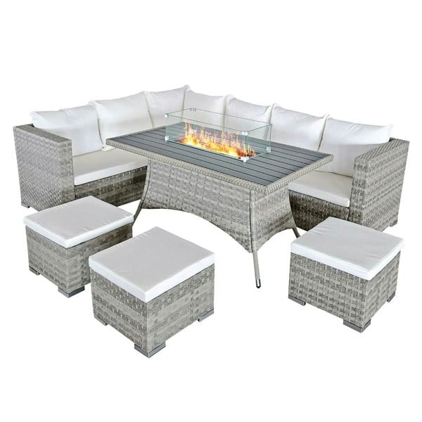 Oseasons Acorn Rattan 9 Seat Corner Firepit Set in Dove Grey