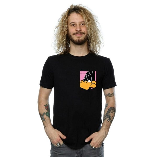 Looney Tunes Mens Daffy Duck Face Faux Pocket T-Shirt - Black