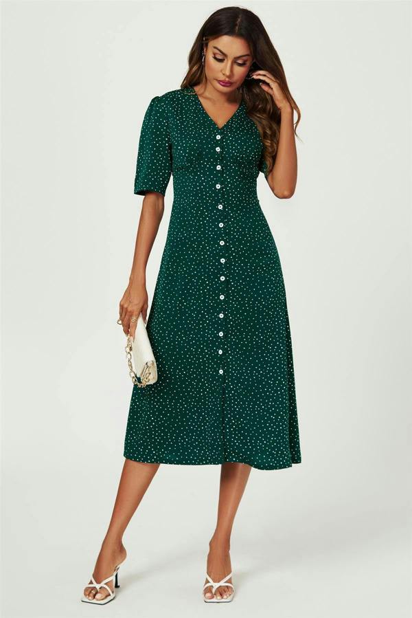 FS Collection Dot Print Button Front Midi Dress In Green
