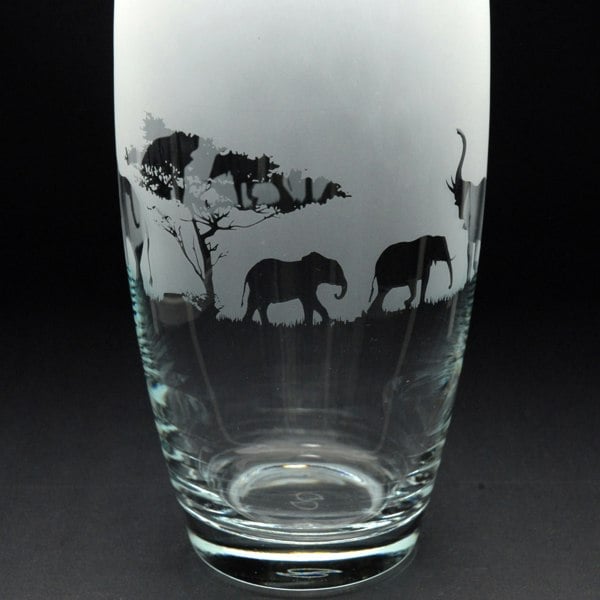 Glyptic Glass Art Elephant Glass Botanica Vase - Hand Etched/Engraved Gift