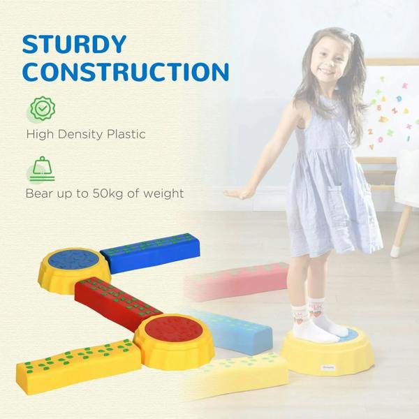 Multicolored kids balance bridge set with yellow circular pads and blue balance plank