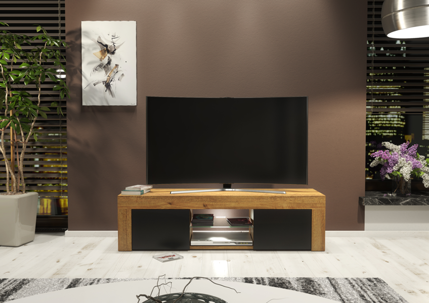 Mex Furniture 130cm Oak TV Unit Cabinet with Black Matt Doors and Free LED Lights
