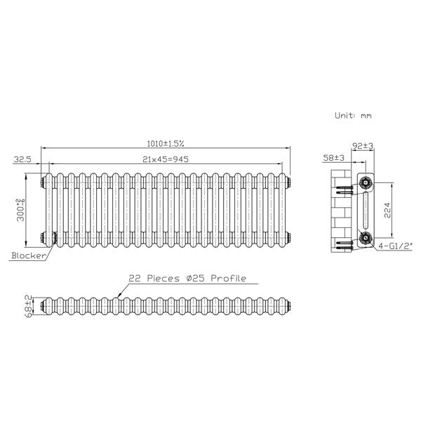 Monstershop Traditional 2 Column Radiator - 300 x 1010mm - Raw Metal