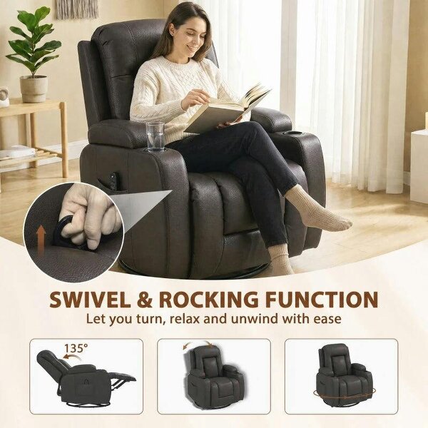 PU Leather Recliner Chair, Recliner Armchair with Extended Footrest, Cup Holders and Side Pockets, Dark Brown