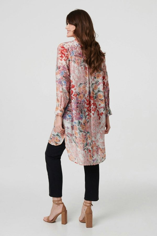 Pink | Floral Print Longline Semi Sheer Shirt