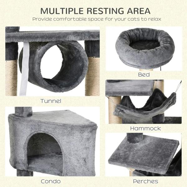 Grey cat tree multi-area design: tunnel, condo, bed, hammock, and perches