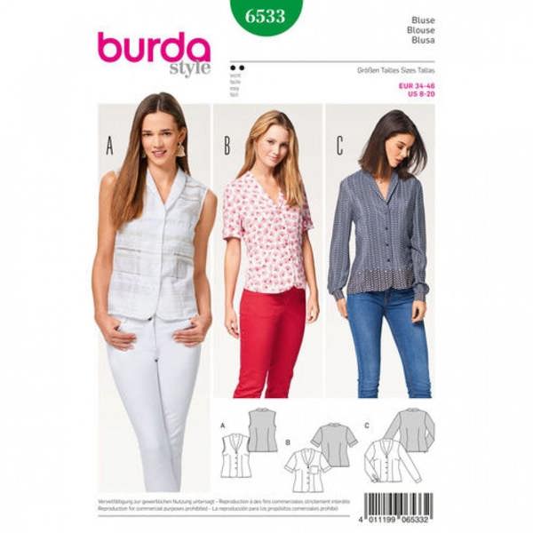 Burda Sewing Pattern 6533 Shirts and Tops For Women, 8 to 20 - Easy