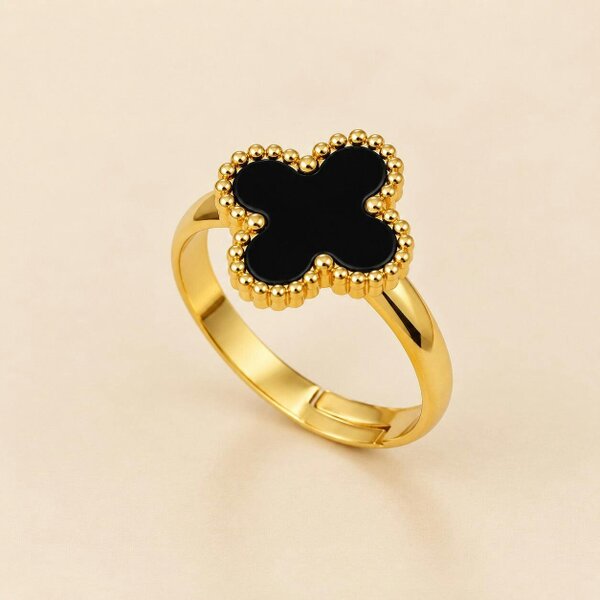 The Colourful Aura Gold Tone Four Leaf Clover Adjustable Ring, Black, White or Gold - Black