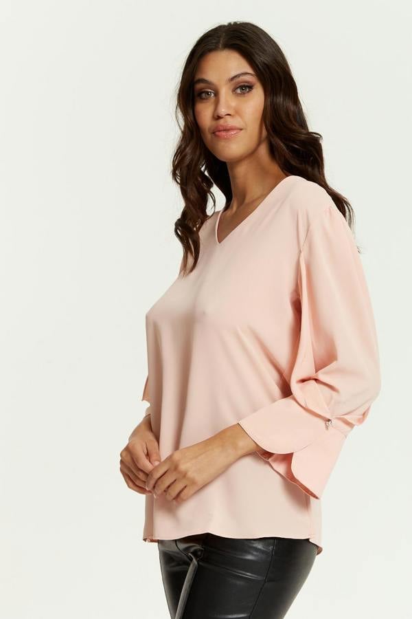 Hoxton Gal Long Sleeves Detailed Cuff Blouse with V Neck in Pink