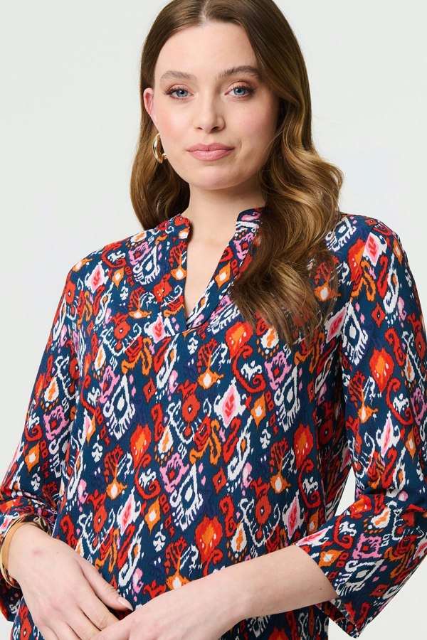 Navy | Printed Relaxed 3/4 Sleeve Blouse Top
