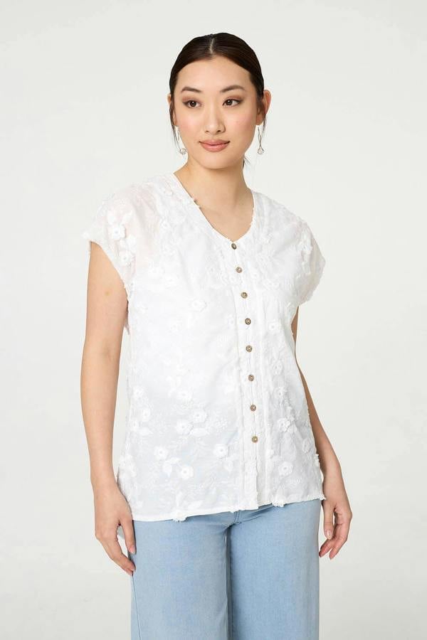 White | Floral Textured Cap Sleeve Blouse