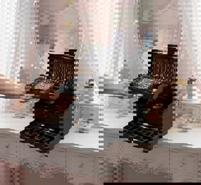 Modcraft 3-Layer Black Jewellery Box with Lock, Drawer Organizer for Rings, Earrings & Necklaces