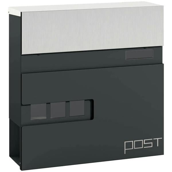 Charcoal grey locking galvanized steel letterbox with front mail slot, POST logo