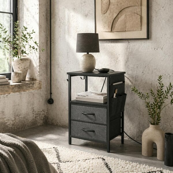 Wyld Haus Pado Metal Black Bedside Table 2 Grey Fabric Fold Down Drawers With Integrated Charging Station