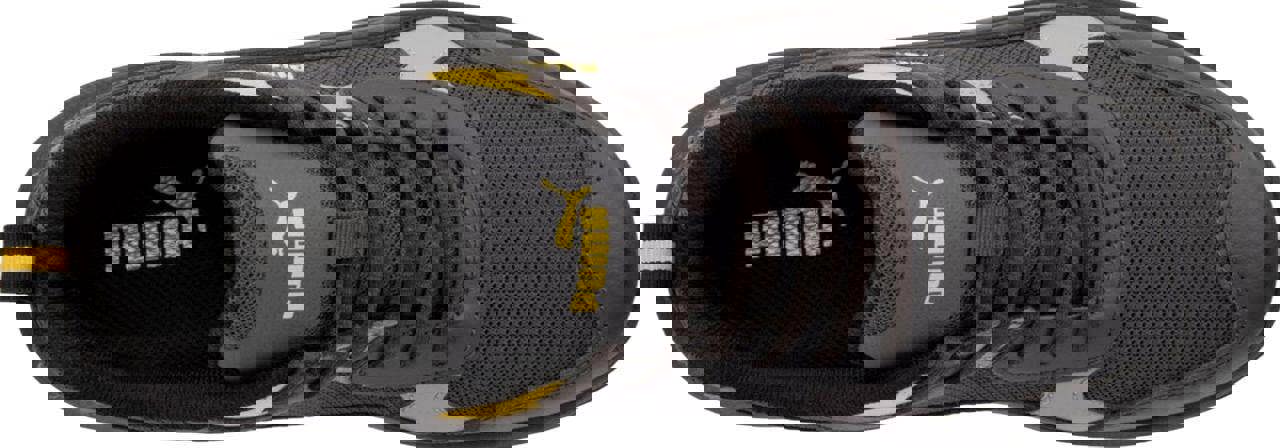 PUMA Safety PUMA Shift S1P Mens Composite Toe Midsole Work Shoes Trainers, black and grey athletic work shoes with yellow accents and lace-up design.