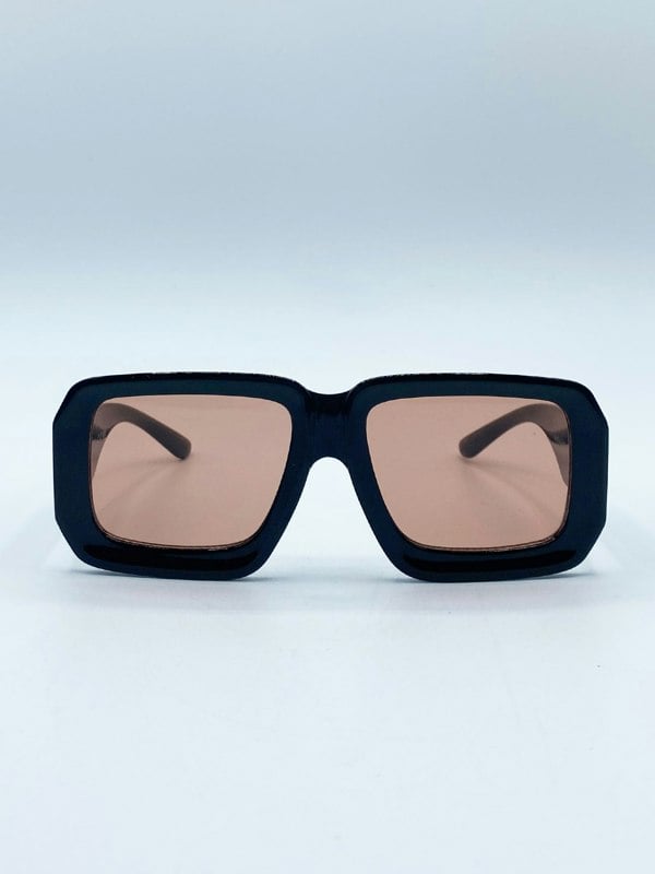 SVNX Oversized Square Frame Sunglasses In Black with Orange Lenses