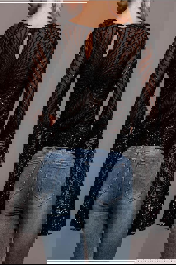 Sequin Starburst Cape Sleeve Top - Black T224