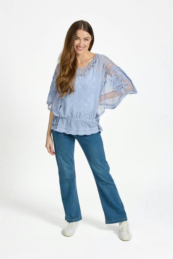 Mudflower Delicate Embroidered Lace Batwing Top