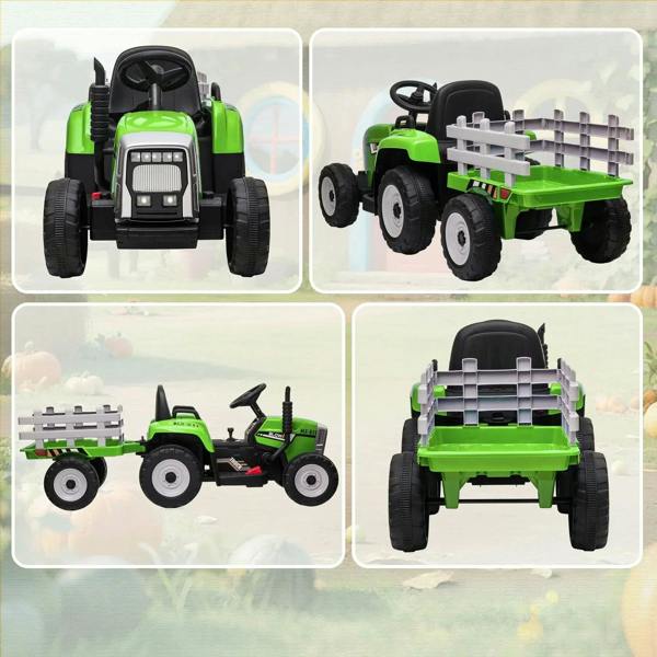 Green ride-on tractor with detachable trailer, shown from multiple angles