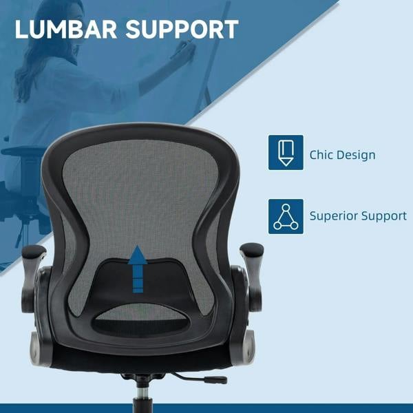 Black ergonomic standing chair with mesh back and lumbar support, flip-up armrests, swivel base