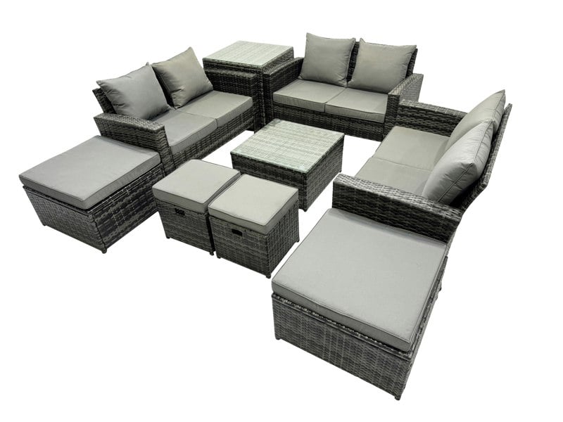 Fimous PE Rattan Garden Furniture Set Lounge Double Seat Sofa Coffee Table Set with Side Table 4 Stools Dark Grey Mixed