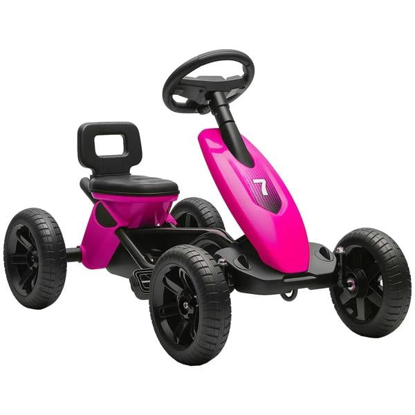 Pink kids pedal go kart with black seat, steering wheel, four EVA wheels, metal frame