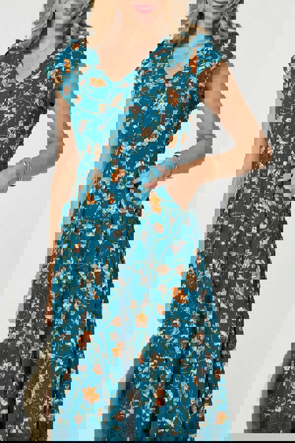 Teal | Floral Cap Sleeve Lace Trim Maxi Dress
