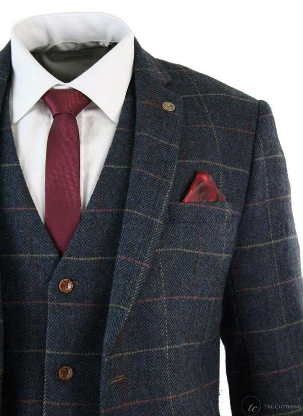 Marc Darcy Mens 3 Piece Navy Blue Herringbone Check Vintage Suit
