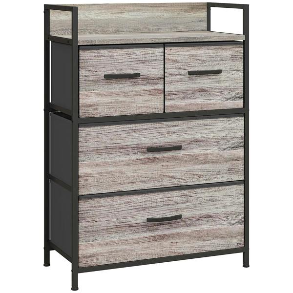 Front view grey wood-look chest with four drawers and slim bar handles
