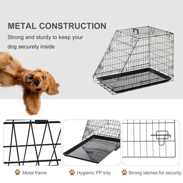 Black metal dog crate travel cage with latch and sturdy wire frame design