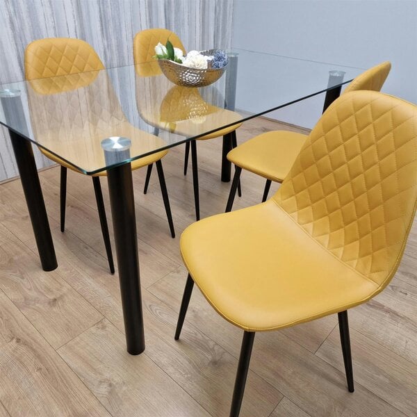 Kosy Koala Glass Dining Table with 4 Mustard Chairs Dining Room Dining Table set for 4