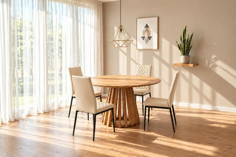 Outdoor Living Kayci Round Oak Dining Table with 4 Emily Chairs - Champaign