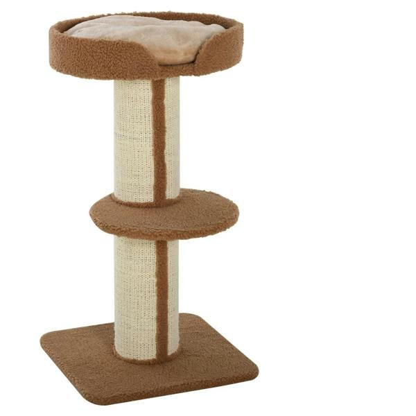 Light brown cat tree with round top bed, two posts, and base scratching platform