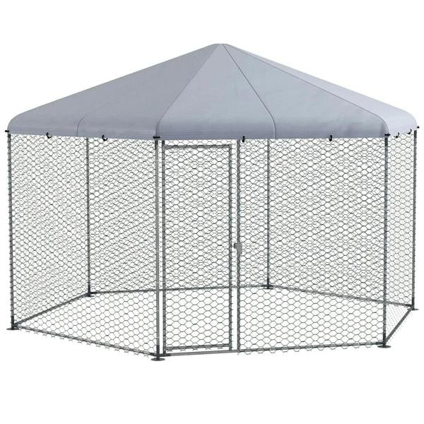 Metal chicken run with grey fabric roof and silver chain-link mesh walls