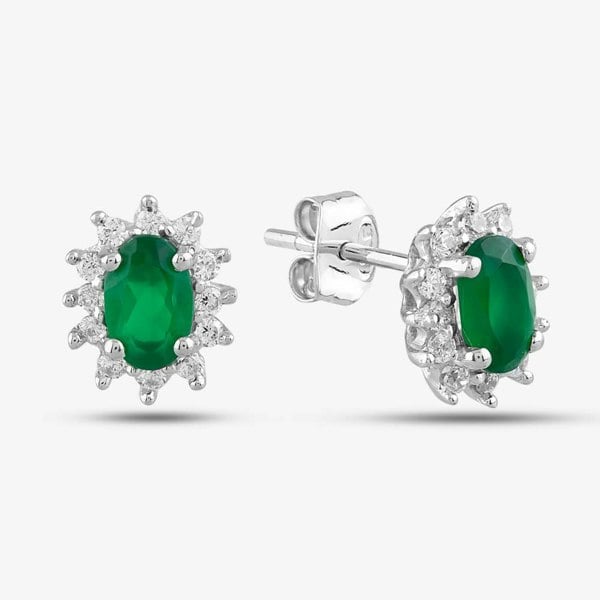 T. H. Baker 9ct White Gold Oval Cut Emerald & Cubic Zirconia Halo Stud Earrings D152308WG