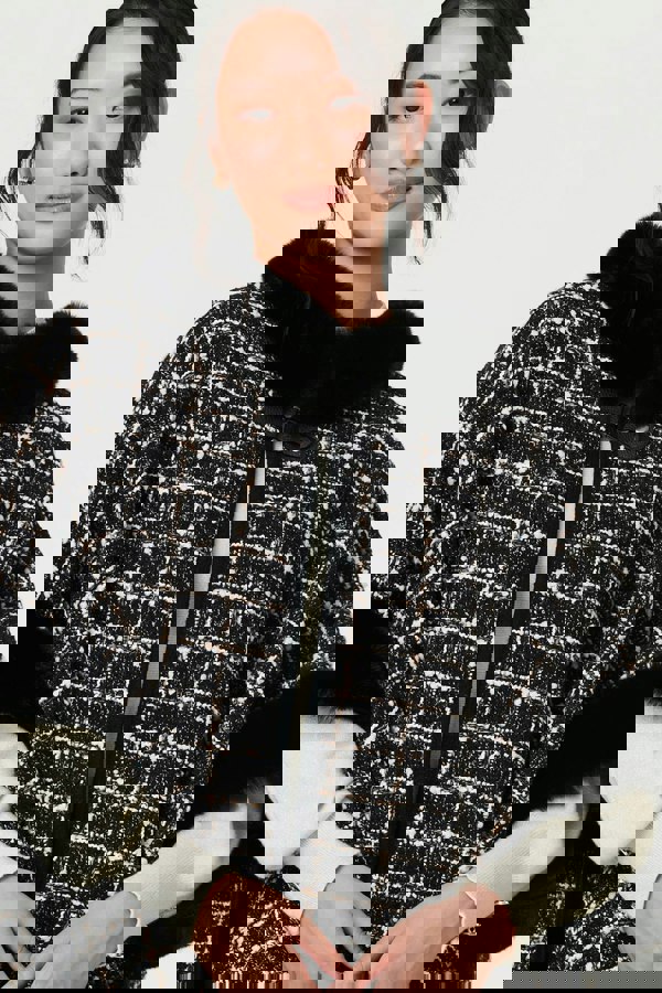 Black | Checked Faux Fur Trim 3/4 Sleeve Poncho