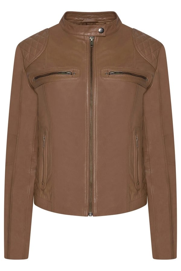 Pelle D’annata Ladies Real Leather Biker Jacket in Tobacco