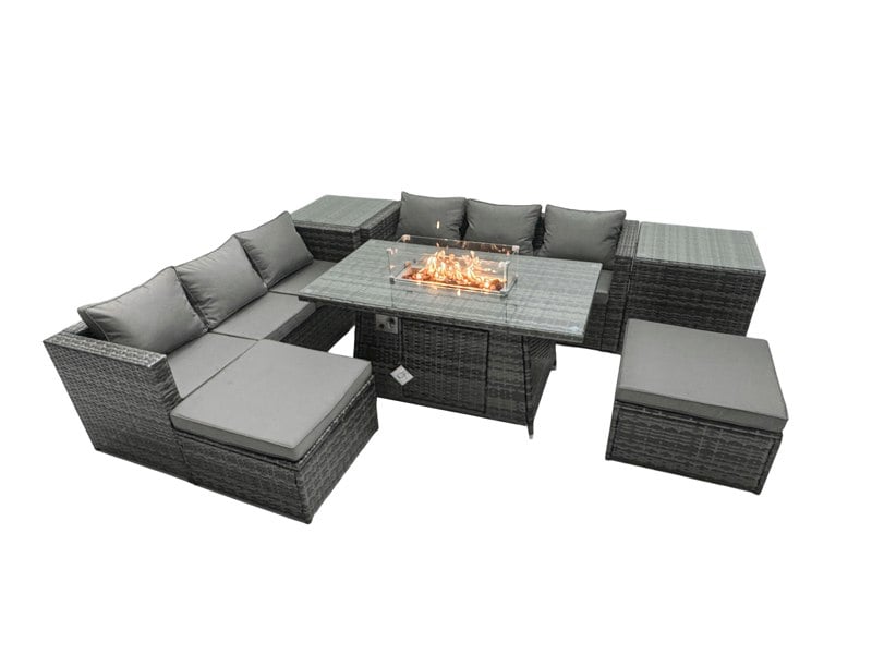 Fimous Rattan Garden Furniture Firepit Dining Set 6 Seater Lounge Sofa Table Set with 2 Side Tables 2 Footstool