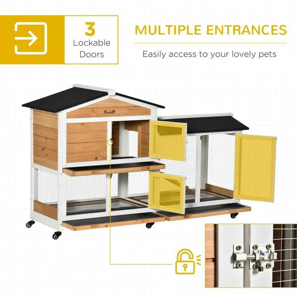 2-tier rabbit hutch with run, doors open with yellow panels, white mesh, wood, black roofs