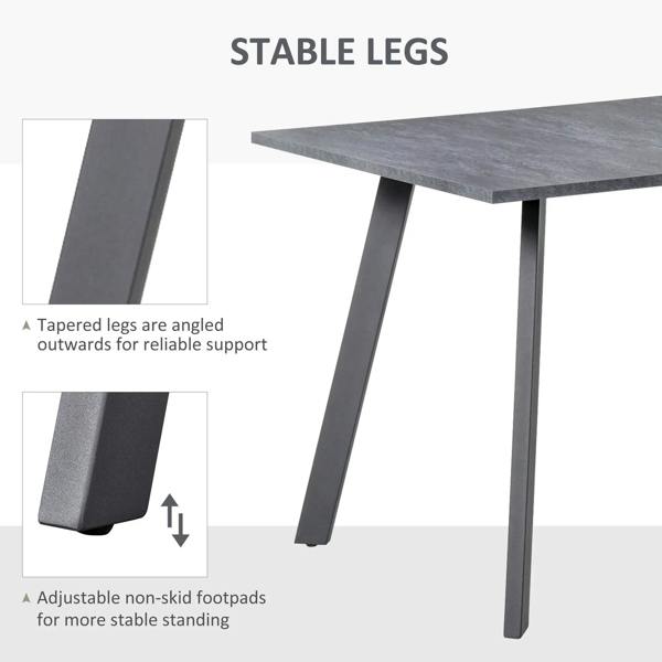 Charcoal grey dining table with angled tapered metal legs and non-skid footpads
